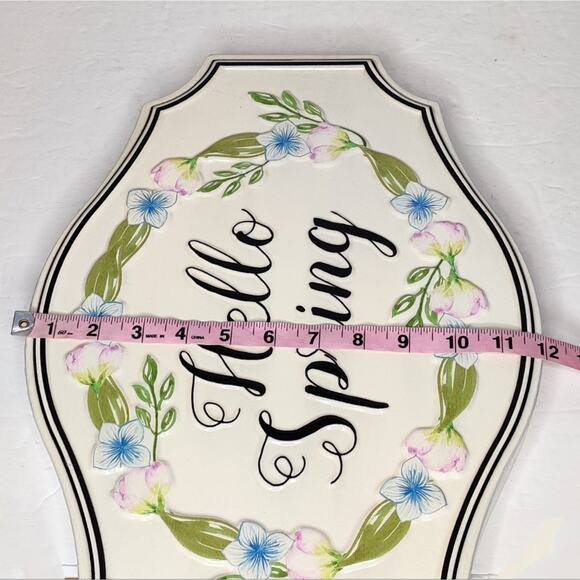 Hello Spring Enamel Metal Wall Sign Easter Decor Pink and Blue Flowers - Picture 8 of 12